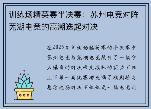 训练场精英赛半决赛：苏州电竞对阵芜湖电竞的高潮迭起对决