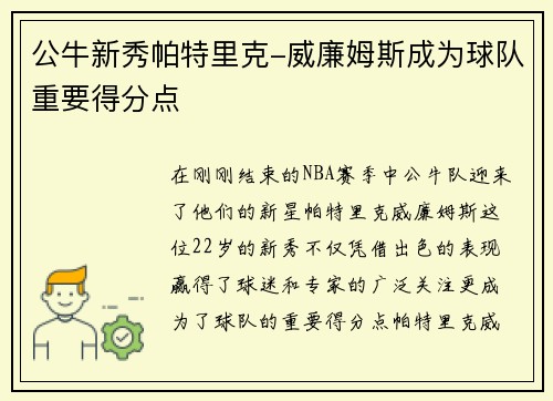 公牛新秀帕特里克-威廉姆斯成为球队重要得分点