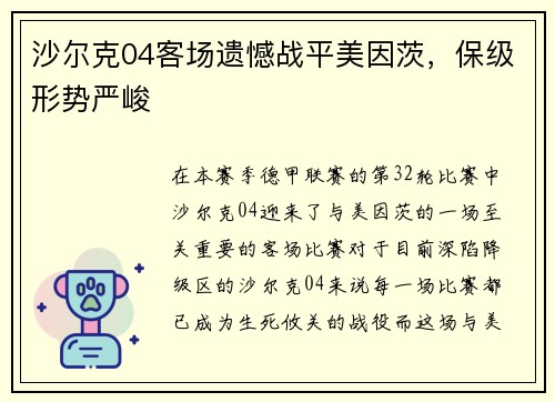 沙尔克04客场遗憾战平美因茨，保级形势严峻