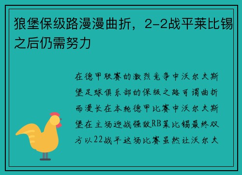 狼堡保级路漫漫曲折，2-2战平莱比锡之后仍需努力